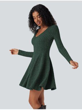 Halara | Ribbed Knit V Neck Long Sleeve Flare Mini Casual Dress | Small